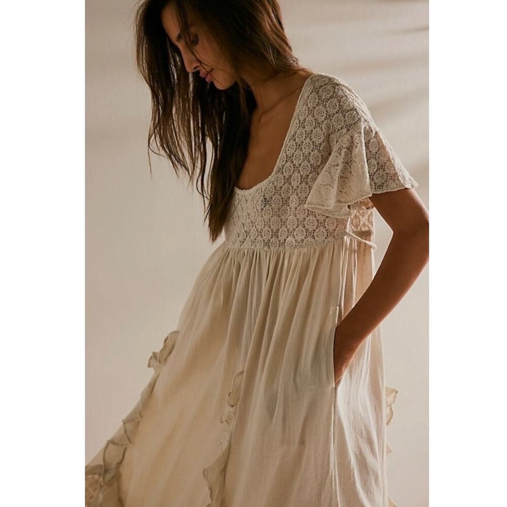Free People Ethereal Bohemian Bring The Romance Midi Maxi Dress Neutral Large - Picture 5 of 15